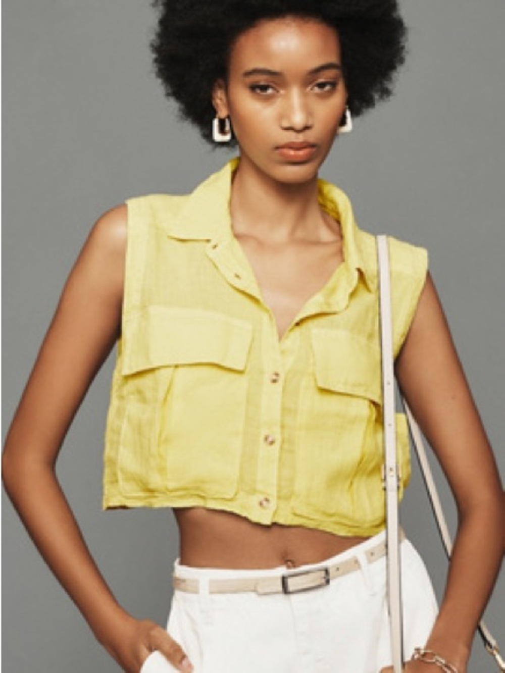 Pilcro Anthropologie Linen Crop Utility Top Vest Yellow Size Small Button Front